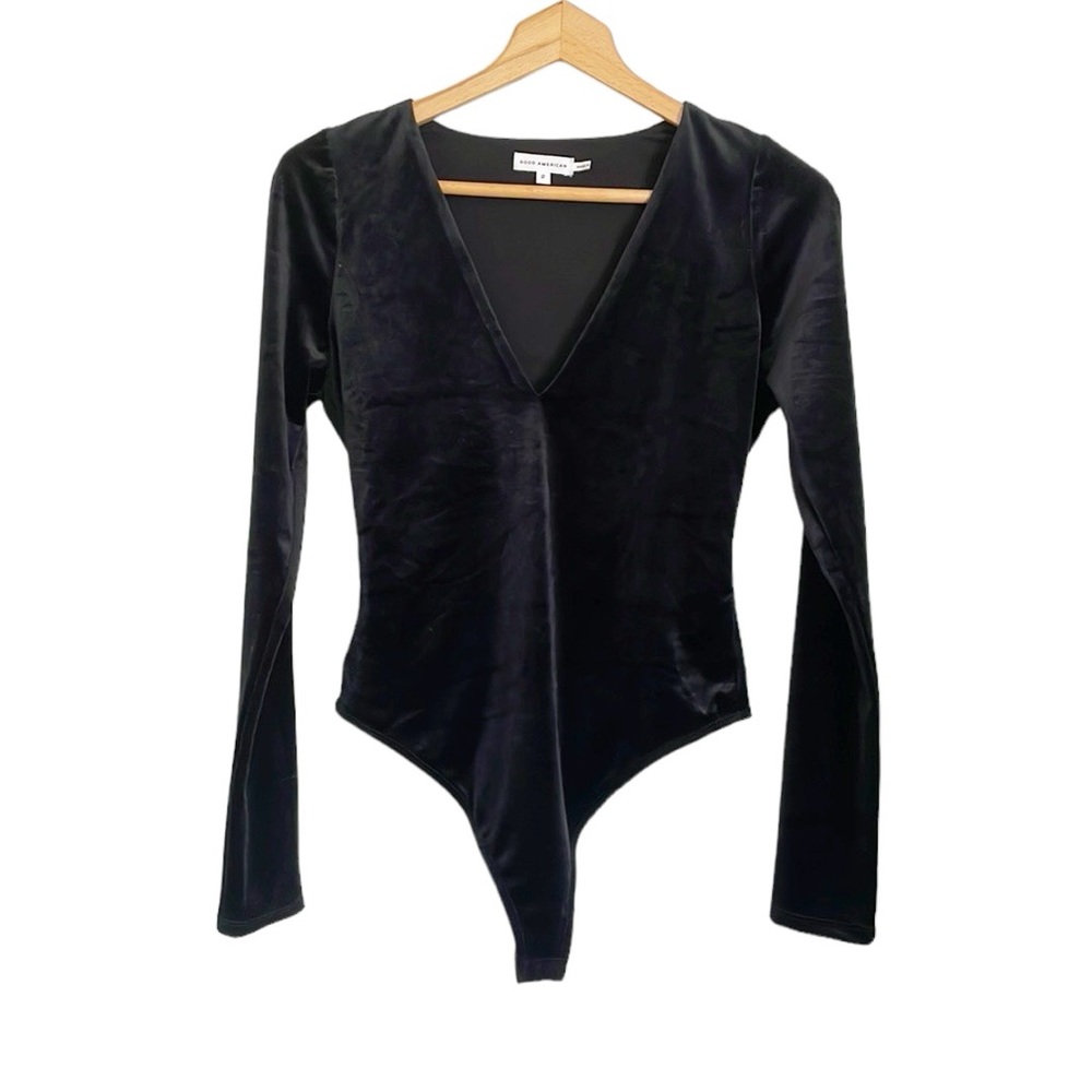 Good American black deep V-neck long sleeve bodysuit